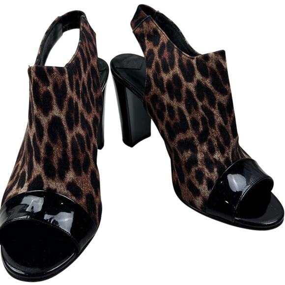 Donald J Pliner Mink Leopard & Black Patent Leather Peep Toe Slingback Heels 7 - Picture 2 of 10